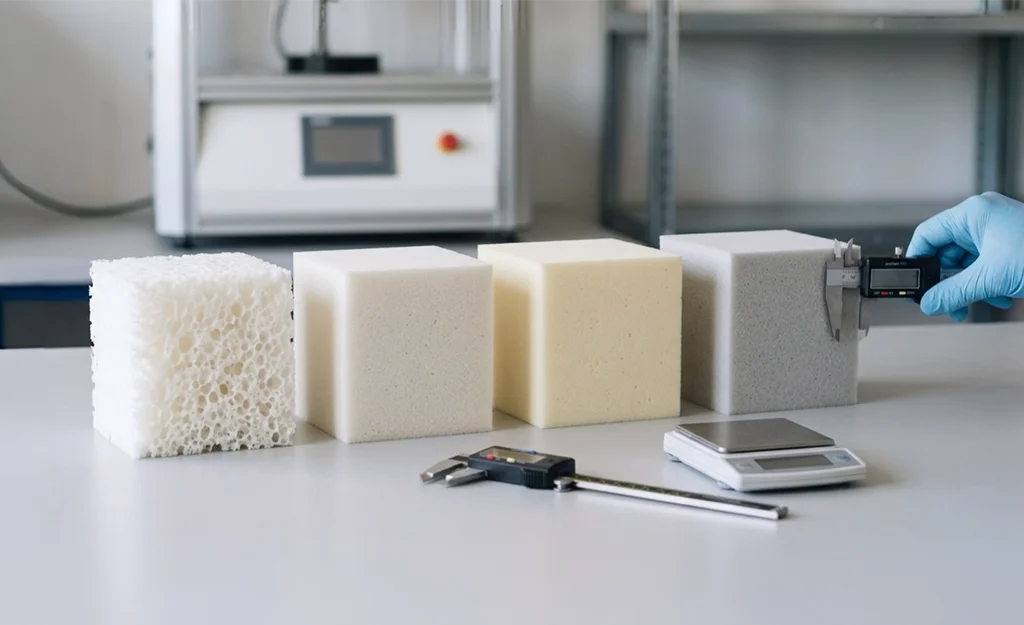 Flexible polyurethane foam samples of different densities prepared for testing